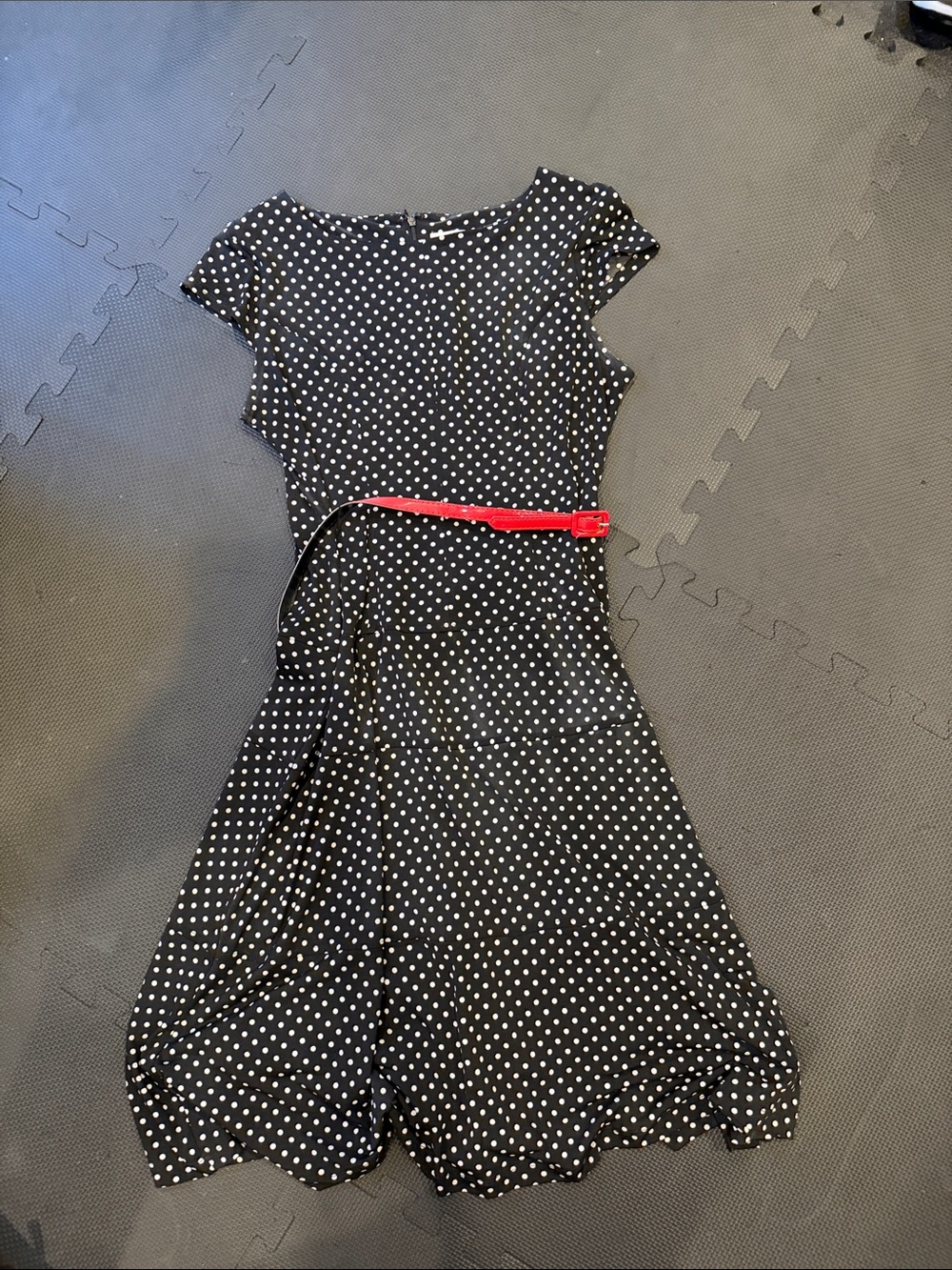Olivia Matthews Black Polka Dot Dress with Red Belt